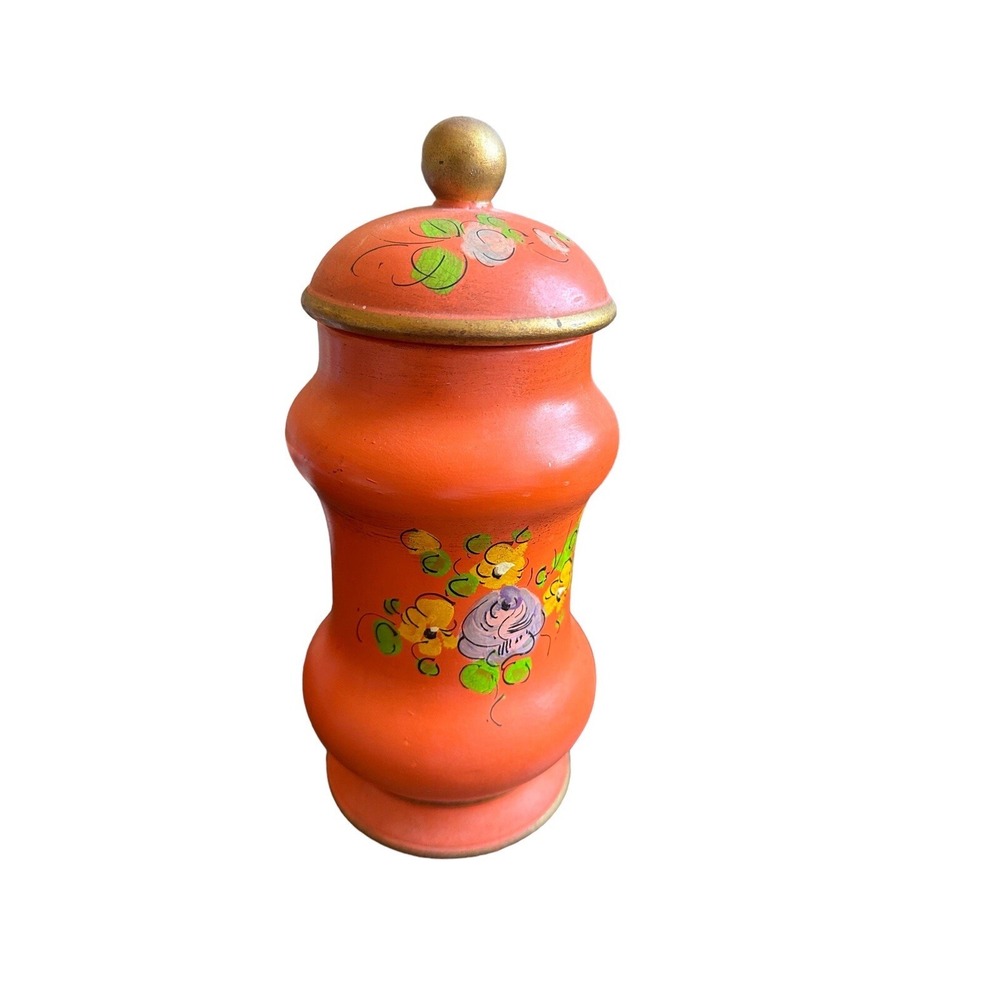 Italian Art Pottery Vase Hand Painted Orange Floral Gold Matte Mid Century - Picture 2 of 8